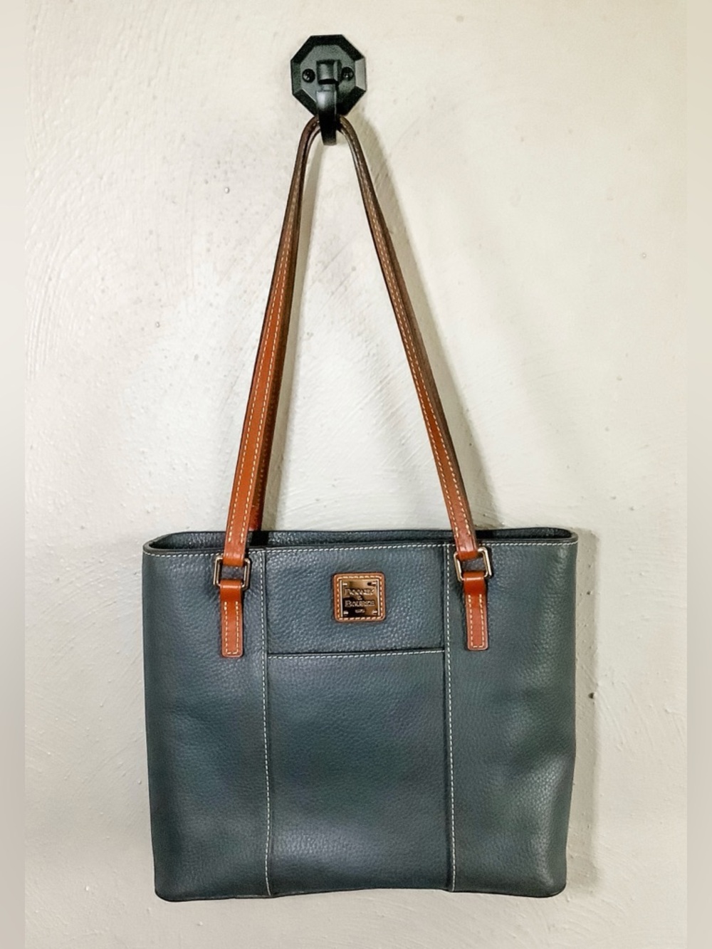 Dooney & Bourke Black Leather Tote with Brown Straps